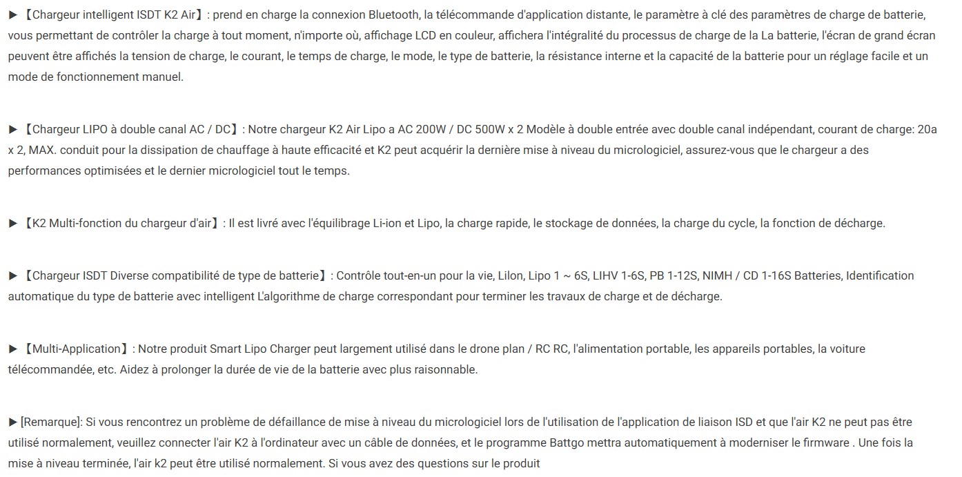 descriptif Chargeur ISDT - K2 Air